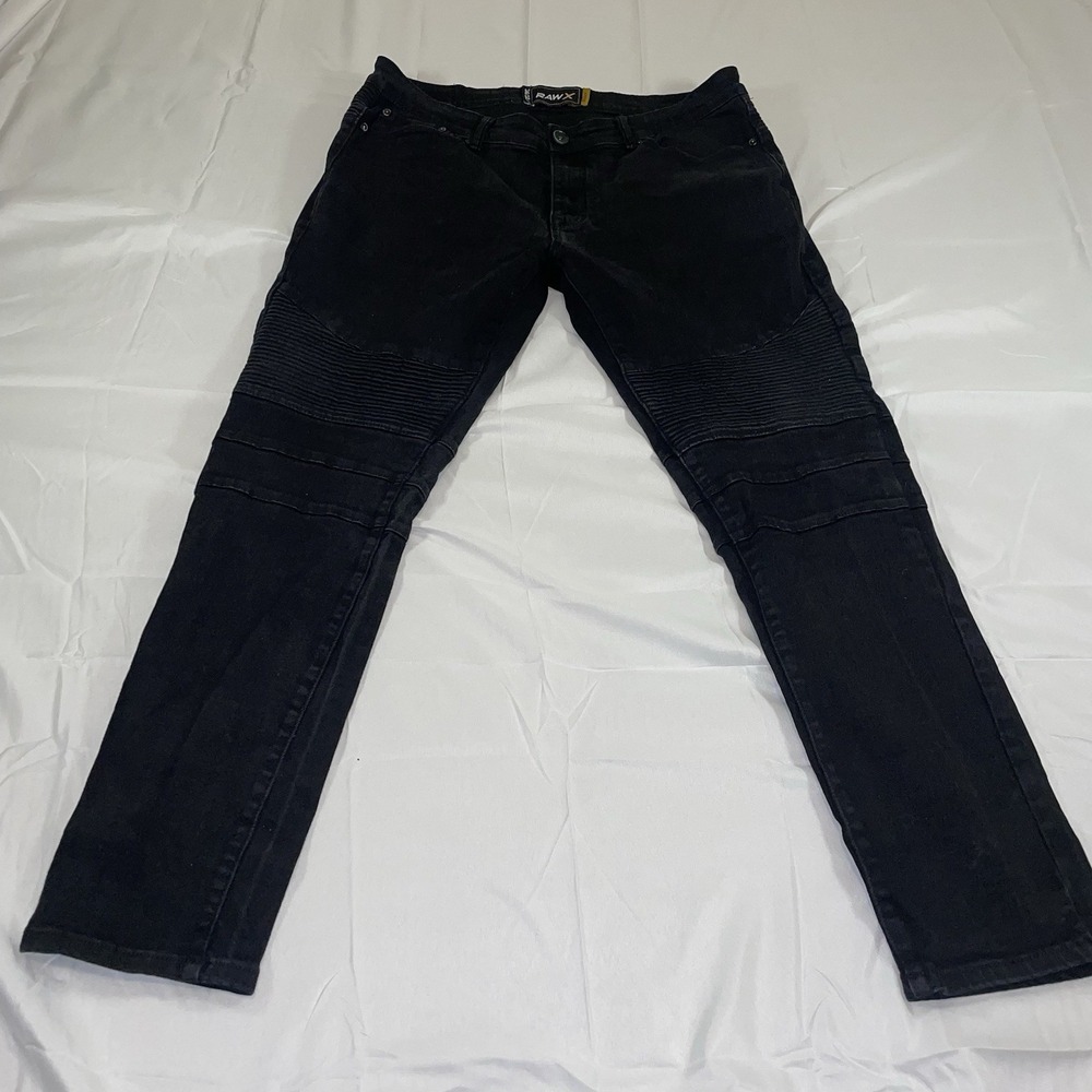 Raw X Mens Skinny Biker Jeans Black Moto Ribbed Denim Pants 36x32 (Fits 36x29)